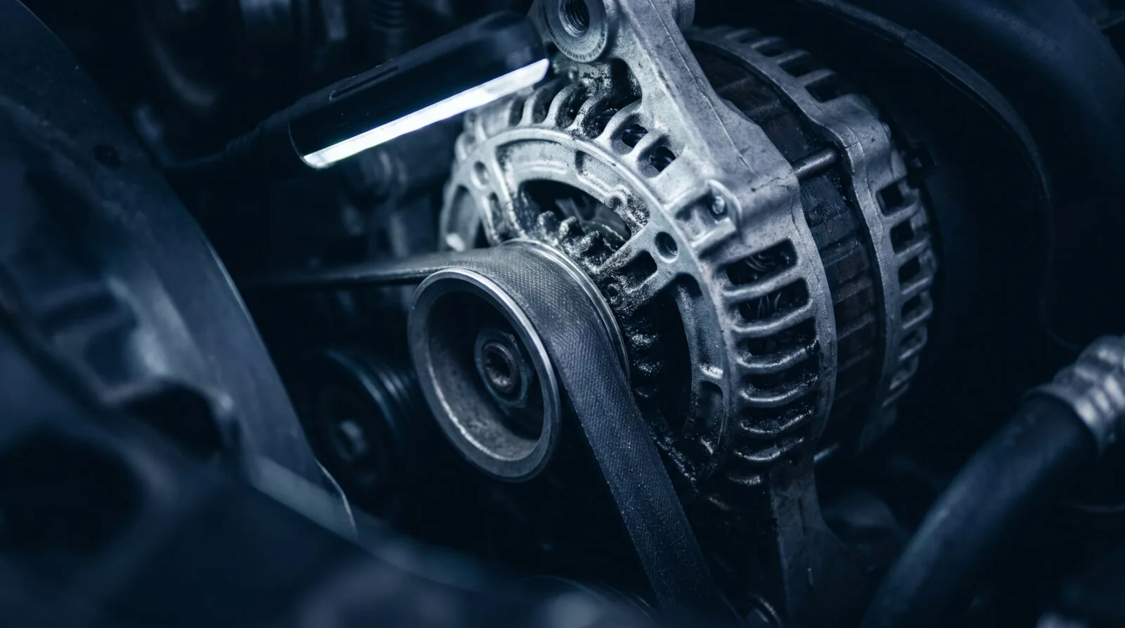 A car alternator in the engine bay