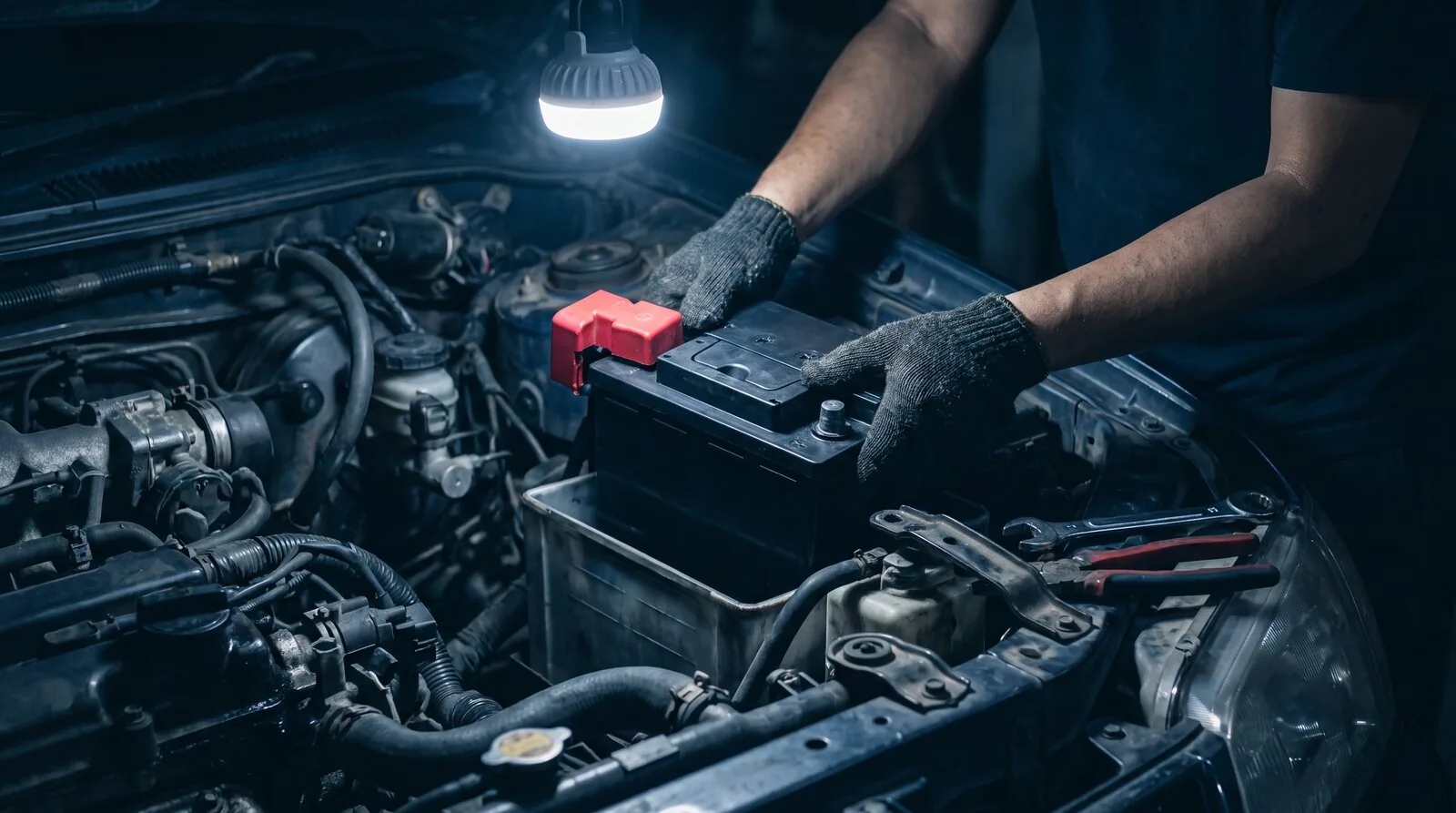 A new car battery being fitted in an engine bay