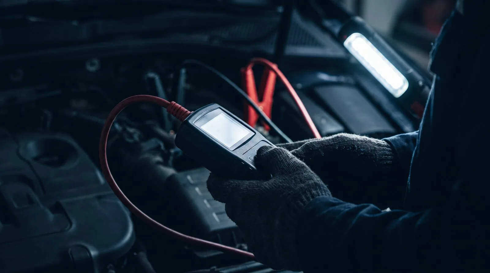 A battery tester being used to check a car battery