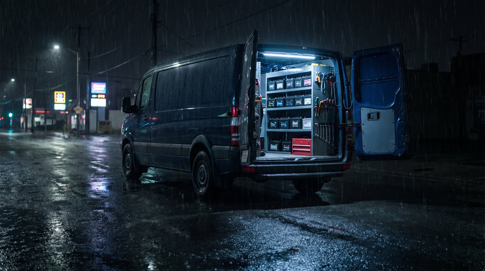 A service van parked at night with its rear doors open, showing racked car batteries.