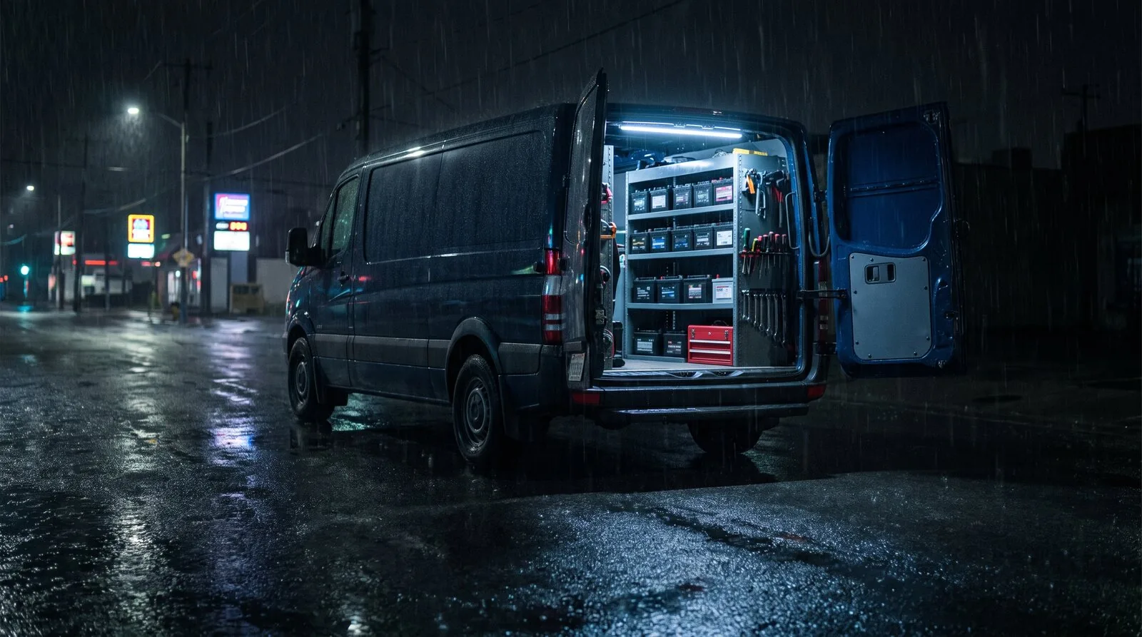 A service van parked at night with its rear doors open, showing racked car batteries.