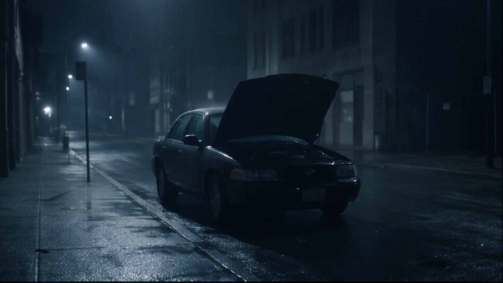 A dark sedan stopped on a wet city street at night with its hood raised.